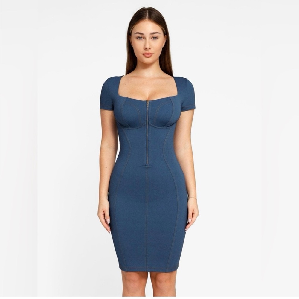 Stylish Blue Bodycon Dress with Zipper